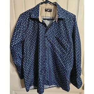 New Fashion Men's Button Up Long Sleeve Blue W/polk Dot Shirt XL See Measurement